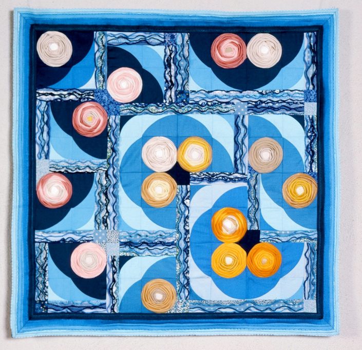 A painting of oranges and other fruits in blue.